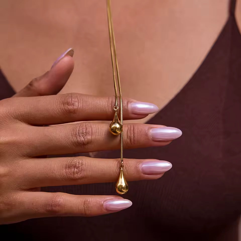 Uworld Minimalist Fashion 18K Gold Color Plated Droplet Pendant Adjustable Y-Shaped Chain Tassel Necklace Stainless Steel Jewelr