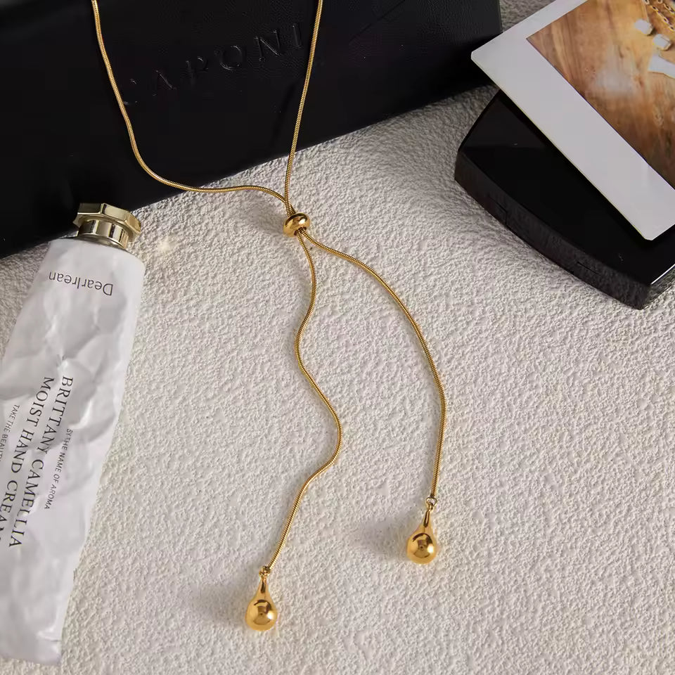 Uworld Minimalist Fashion 18K Gold Color Plated Droplet Pendant Adjustable Y-Shaped Chain Tassel Necklace Stainless Steel Jewelr