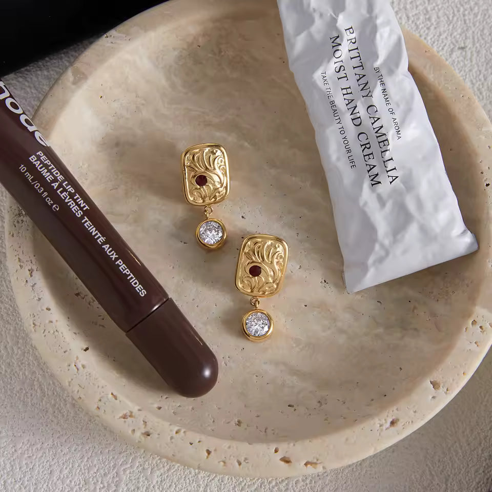 Uworld Unique 18K Gold Color Plated Inlay Red Zircon Square Antique Coin Pendant Earrings Hypoallergenic Stainless Steel Jewelry