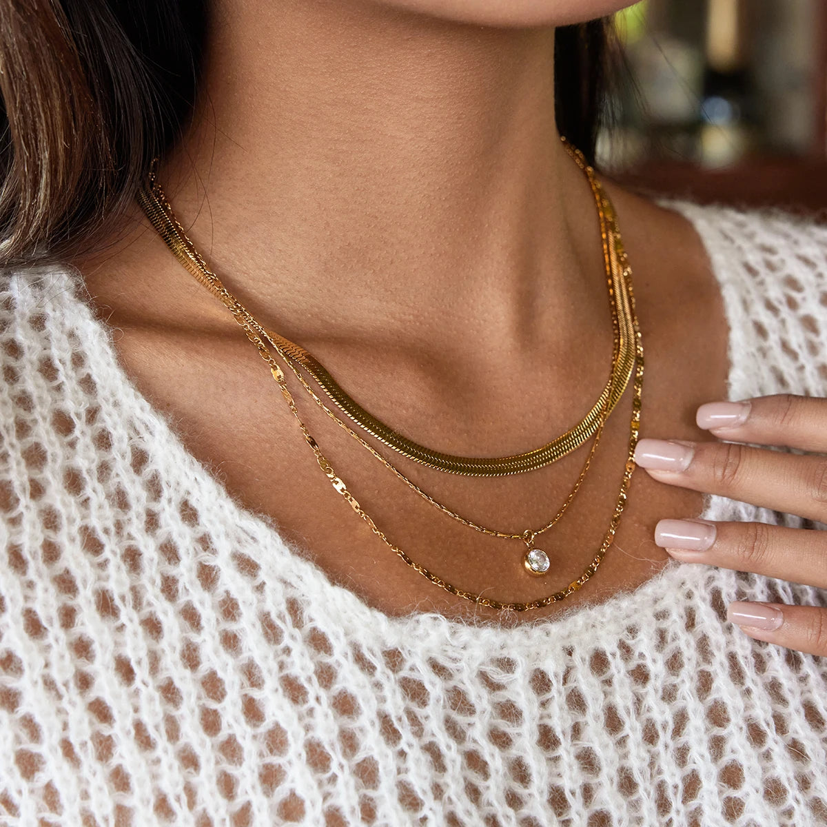 Uworld Minimalist Classic 18K Gold Color Plated Round White Zircon Pendant Three Layers Necklace Stainless Steel Women's Jewelry