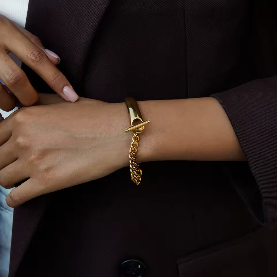 Uworld Classic 18K Gold Color Plated Stainless Steel Asymmetric Half Chain OT Buckle Smooth Surface Bracelet Women's Jewelry Par