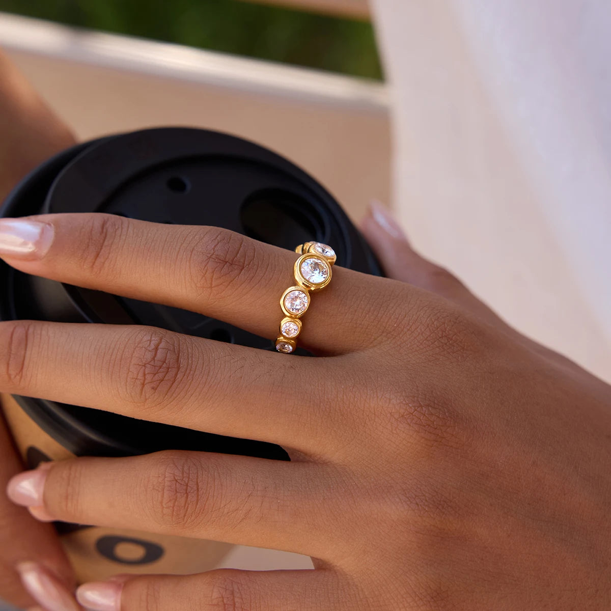 Uworld Simple Classic Round White Zircon Wave Ring 18K PVD Stainless Steel Gold Color Stackable Ring Women's Jewelry