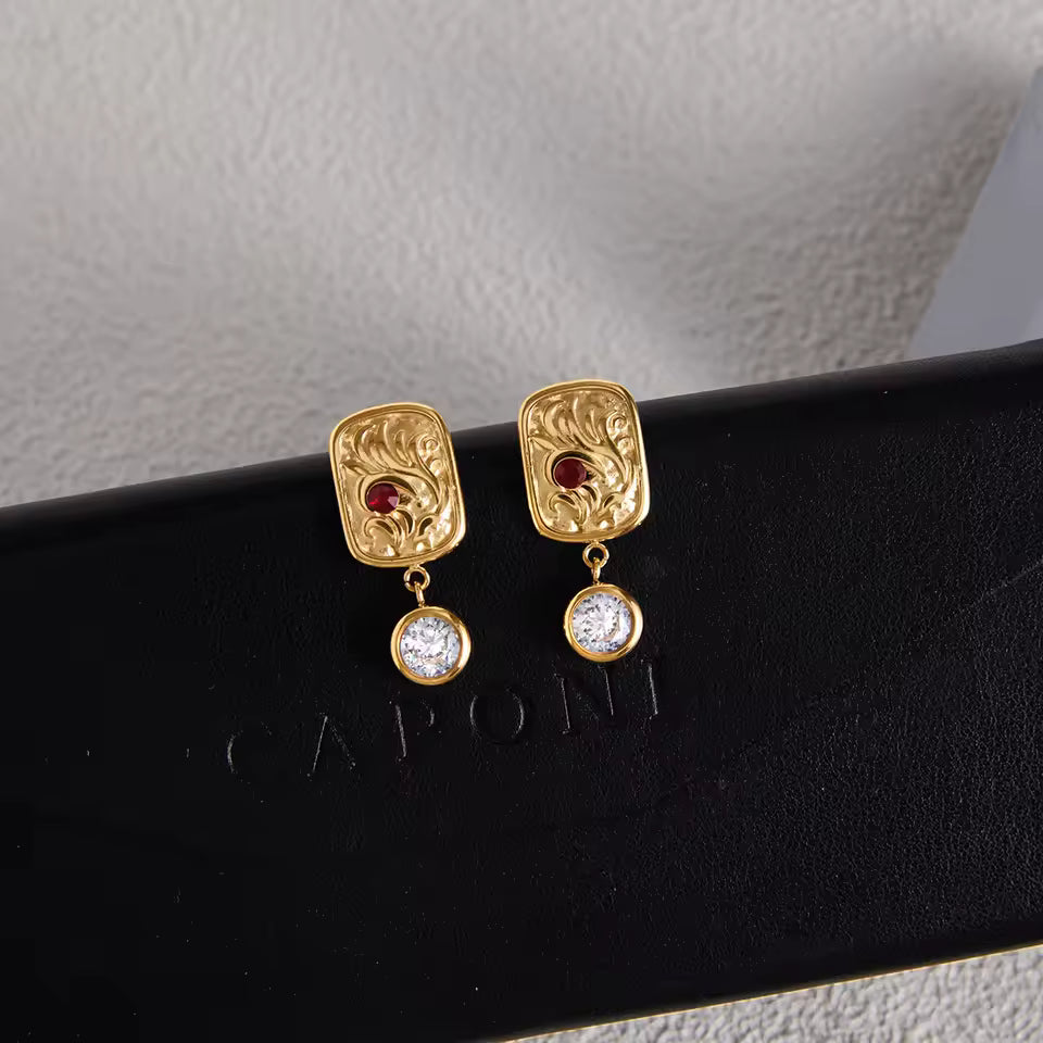 Uworld Unique 18K Gold Color Plated Inlay Red Zircon Square Antique Coin Pendant Earrings Hypoallergenic Stainless Steel Jewelry