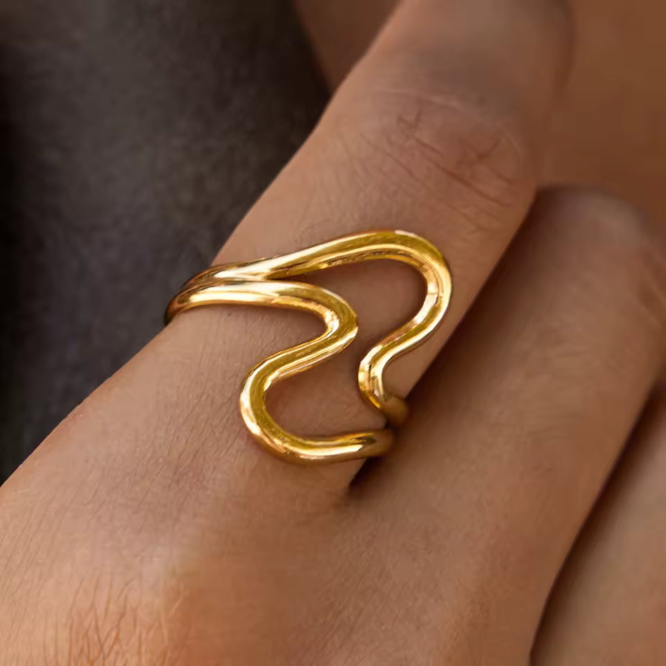 Uworld Minimalist 18K Gold Color Plated Stainless Steel Double Layer Line Wave Ring Stackable Irregular Ring Women's Jewelry