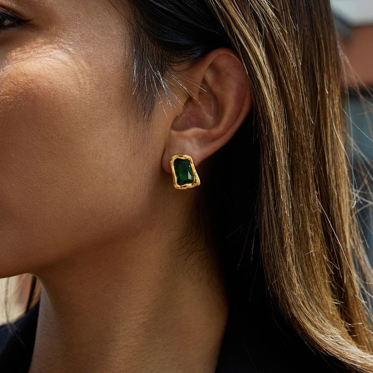 Uworld Minimalist Classic 18K Gold Color Plated Inlay Zircon Square Irregular Earrings Hypoallergenic Stainless Steel Jewelry