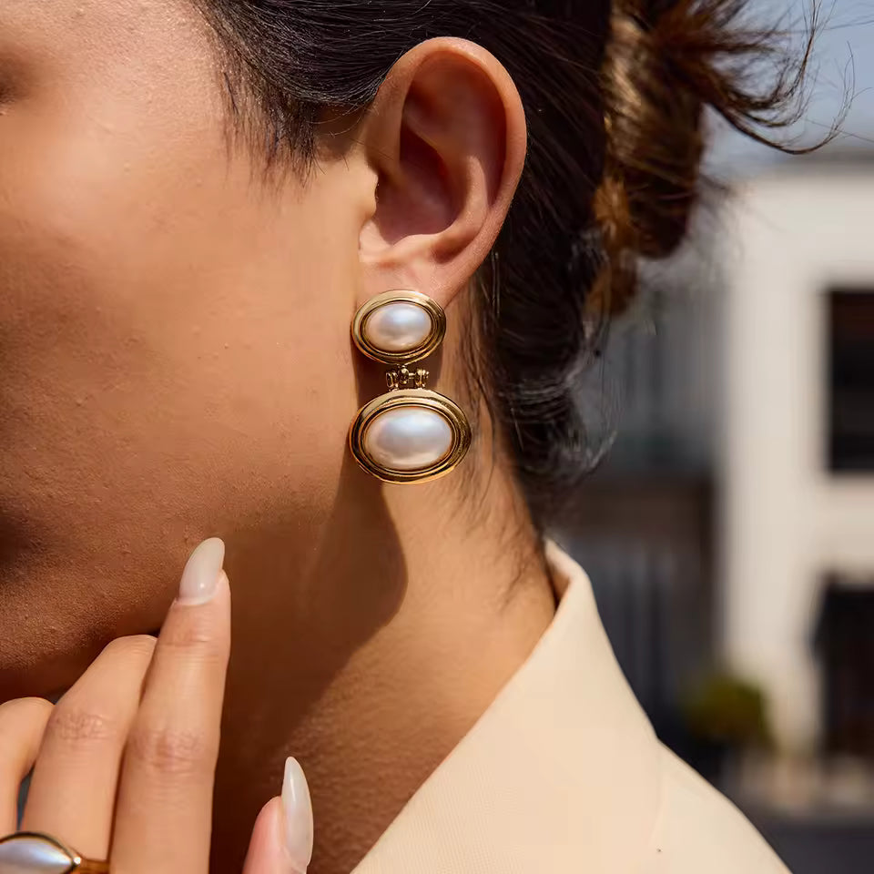 Uworld Fashion Elegant Pearl Earrings 18K Gold Color Stainless Steel Double Elliptical Earrings Women's Accessories Party Gift