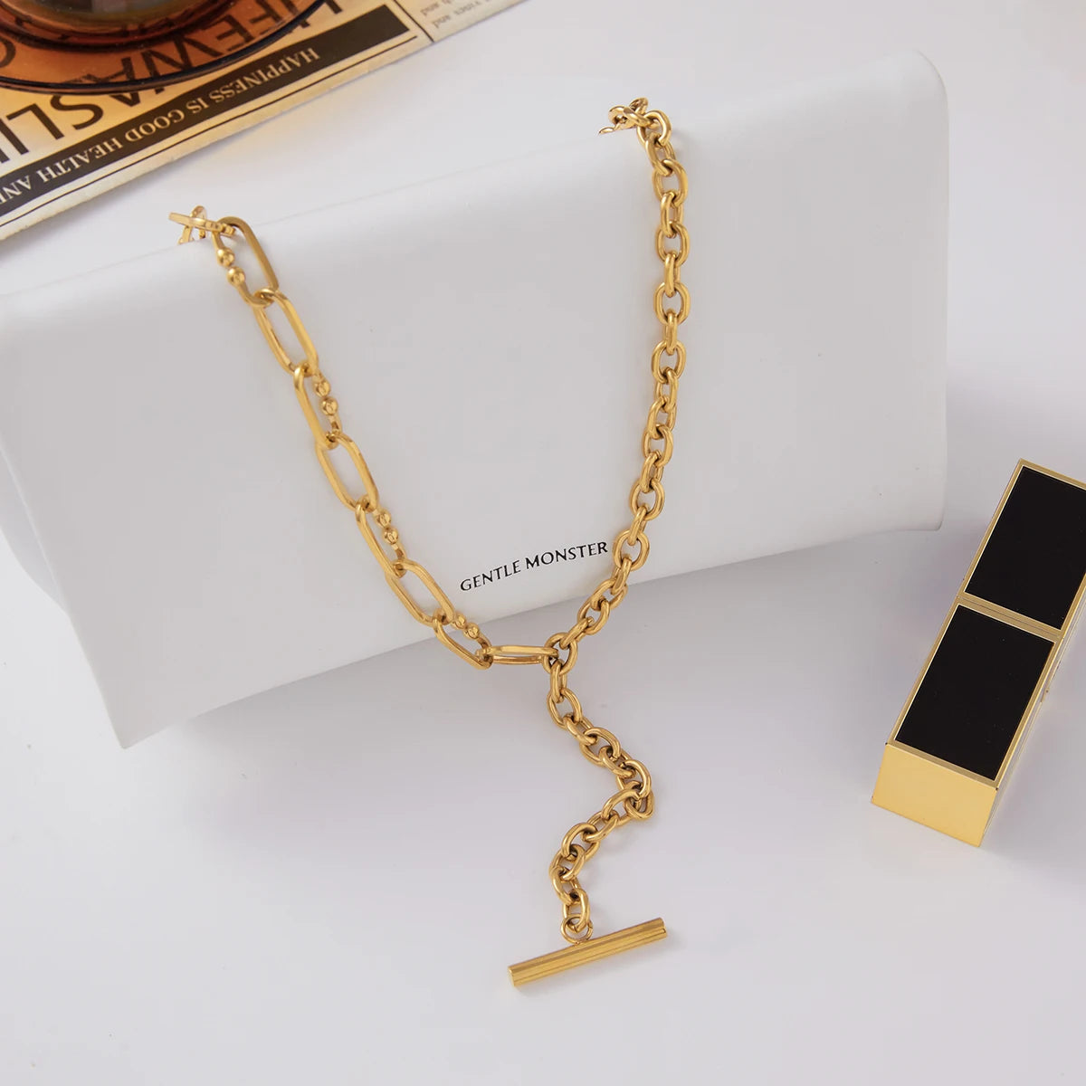 Uworld Minimalist 18K Gold Color Plated Stainless Steel Rod Pendant Thick Chain Asymmetric Y-shaped Chain Tassel Necklace Women