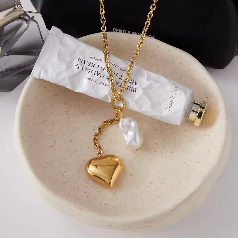 Uworld Classic Trendy 18K Gold Color Plated Irregular Pearl Heart Pendant Tassel Y-Shape Necklace Stainless Steel Jewelry Party