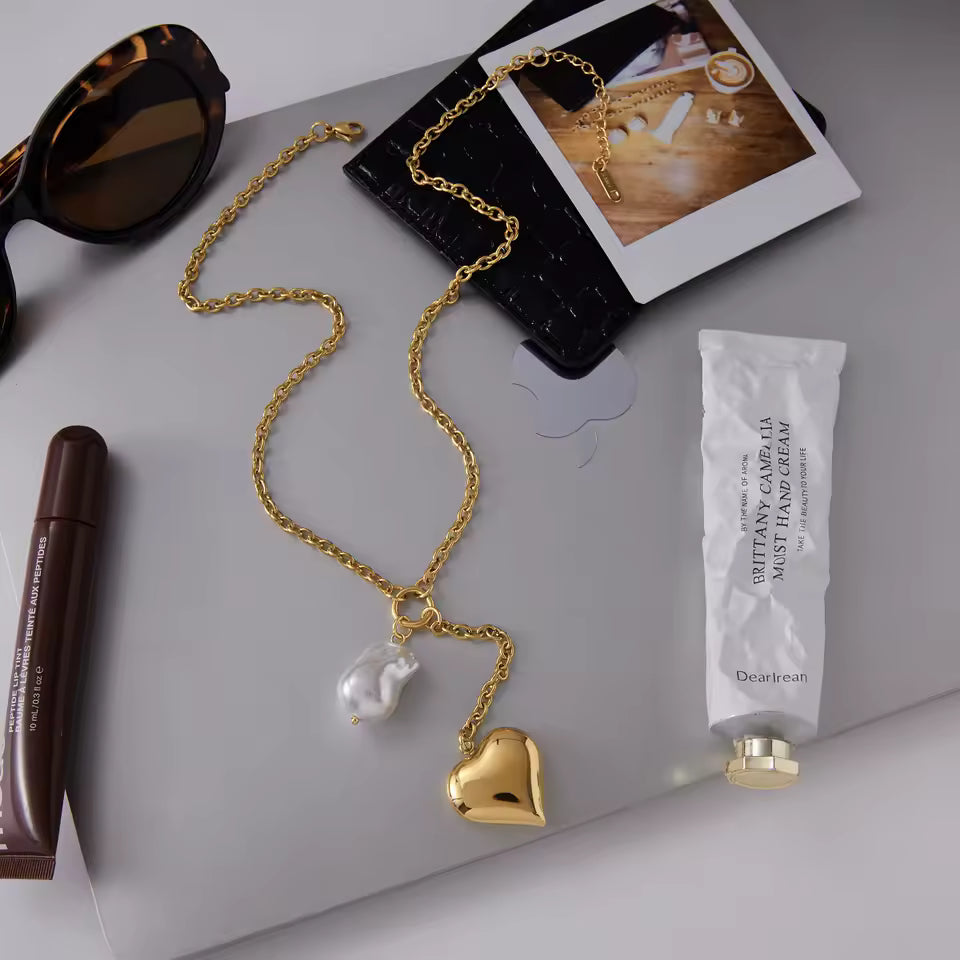 Uworld Classic Trendy 18K Gold Color Plated Irregular Pearl Heart Pendant Tassel Y-Shape Necklace Stainless Steel Jewelry Party