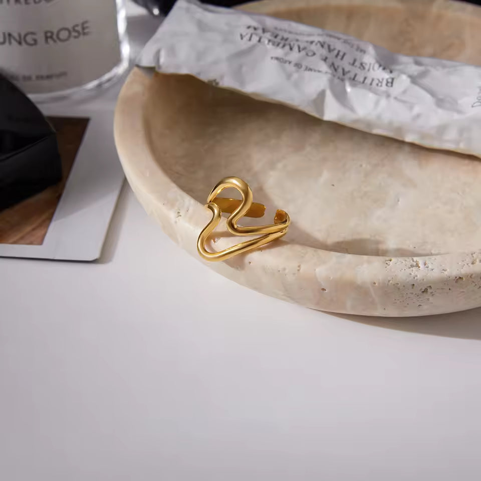 Uworld Minimalist 18K Gold Color Plated Stainless Steel Double Layer Line Wave Ring Stackable Irregular Ring Women's Jewelry