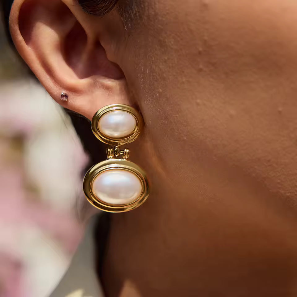 Uworld Fashion Elegant Pearl Earrings 18K Gold Color Stainless Steel Double Elliptical Earrings Women's Accessories Party Gift