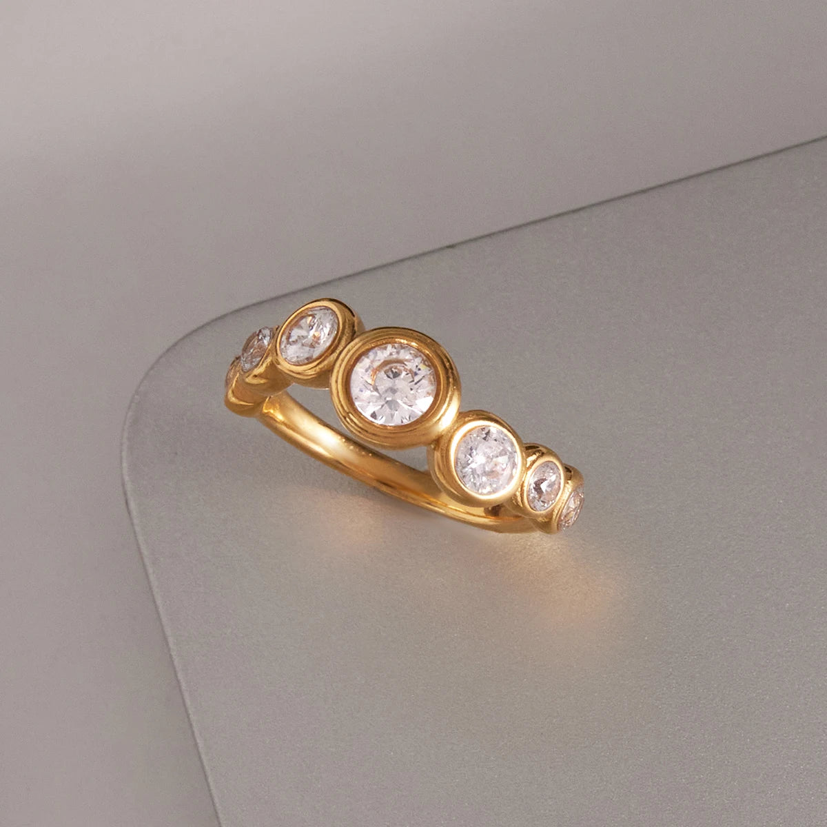 Uworld Simple Classic Round White Zircon Wave Ring 18K PVD Stainless Steel Gold Color Stackable Ring Women's Jewelry