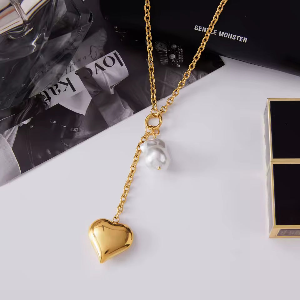 Uworld Classic Trendy 18K Gold Color Plated Irregular Pearl Heart Pendant Tassel Y-Shape Necklace Stainless Steel Jewelry Party
