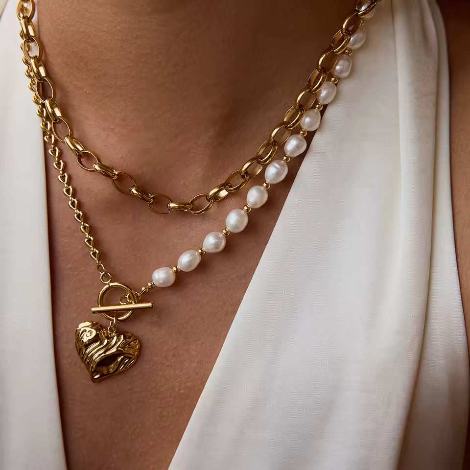 Uworld Fashion Elegant Freshwater Pearl Heart Pendant Necklace 18K Gold Color Plated Stainless Steel Half Pearl Half Chain Neckl