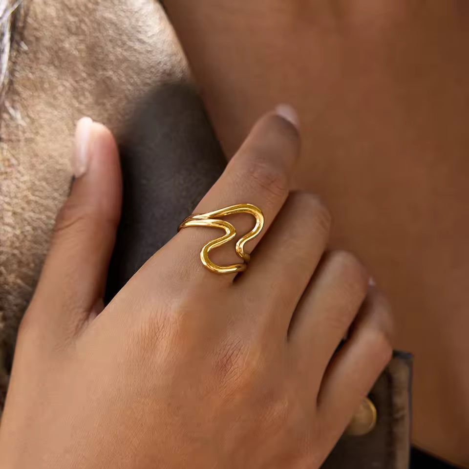 Uworld Minimalist 18K Gold Color Plated Stainless Steel Double Layer Line Wave Ring Stackable Irregular Ring Women's Jewelry