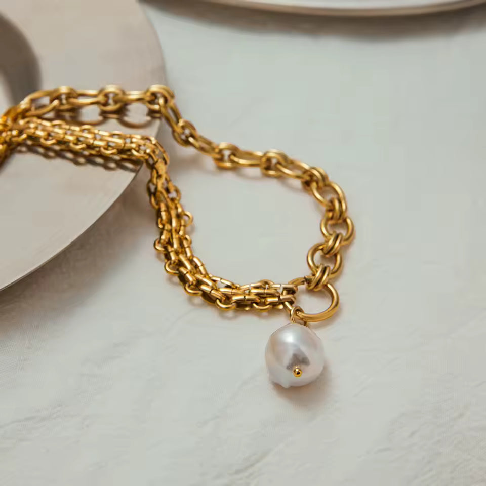 Uworld Fashion Elegant Freshwater Pearl Pendant Necklace Stainless Steel Strap Chain Handmade Chain Necklace Women's Jewelry Gif