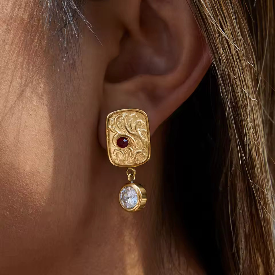 Uworld Unique 18K Gold Color Plated Inlay Red Zircon Square Antique Coin Pendant Earrings Hypoallergenic Stainless Steel Jewelry