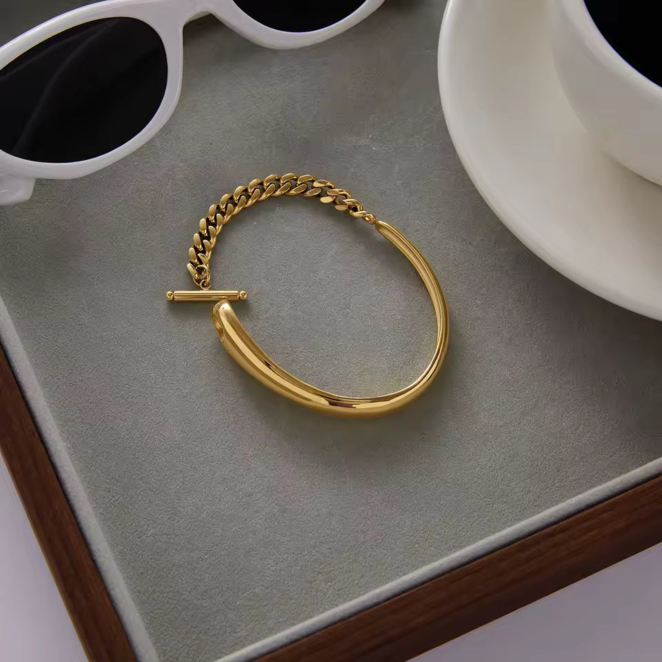 Uworld Classic 18K Gold Color Plated Stainless Steel Asymmetric Half Chain OT Buckle Smooth Surface Bracelet Women's Jewelry Par