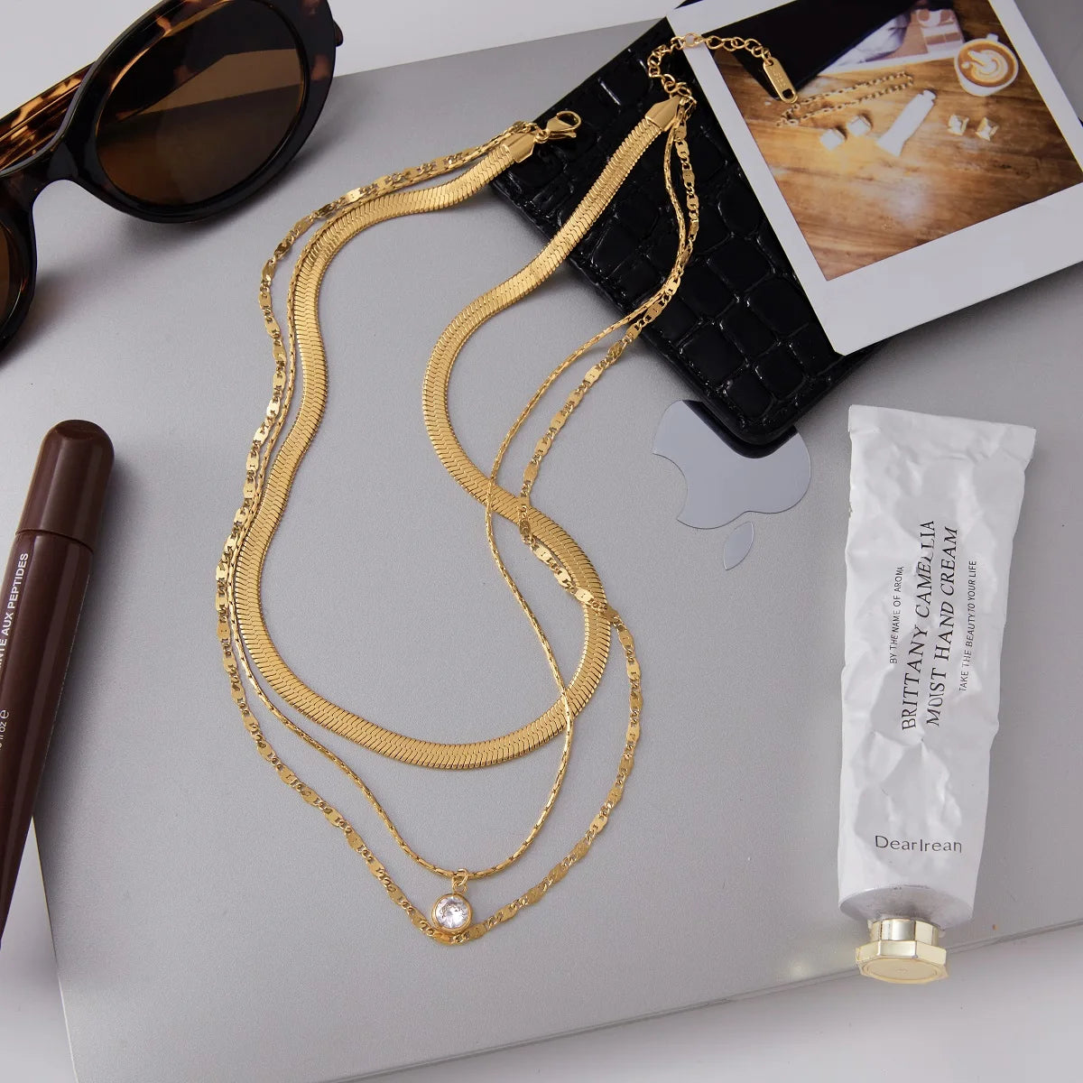 Uworld Minimalist Classic 18K Gold Color Plated Round White Zircon Pendant Three Layers Necklace Stainless Steel Women's Jewelry