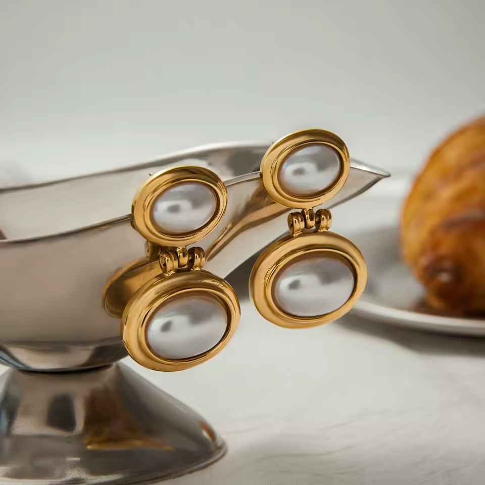 Uworld Fashion Elegant Pearl Earrings 18K Gold Color Stainless Steel Double Elliptical Earrings Women's Accessories Party Gift