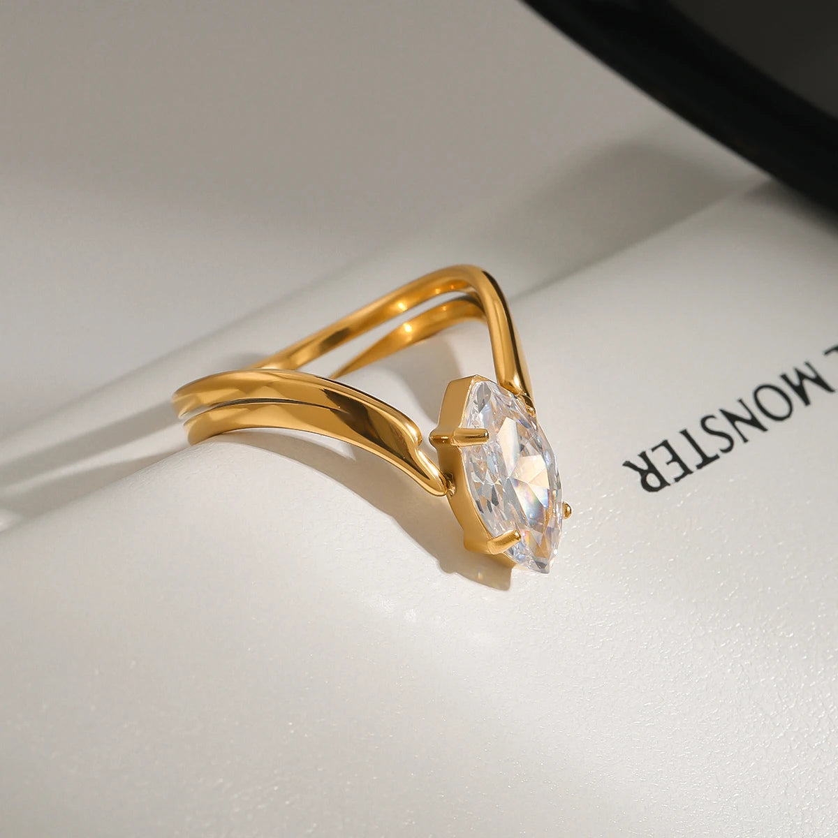 Uworld Minimalist Eyes Zircon 18K Gold Color Plated Stainless Steel Convex Ring Women's Jewelry Gift for Her