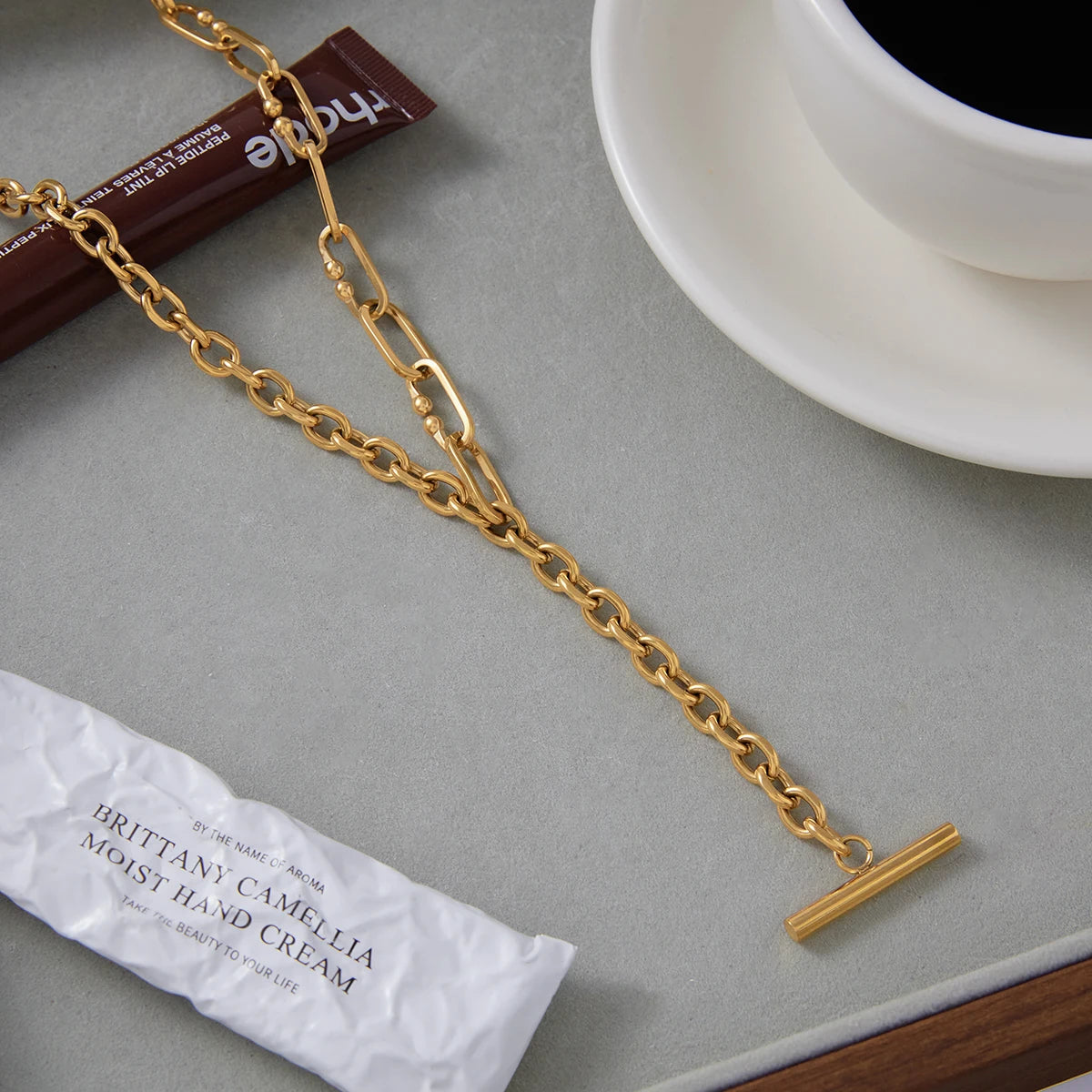 Uworld Minimalist 18K Gold Color Plated Stainless Steel Rod Pendant Thick Chain Asymmetric Y-shaped Chain Tassel Necklace Women