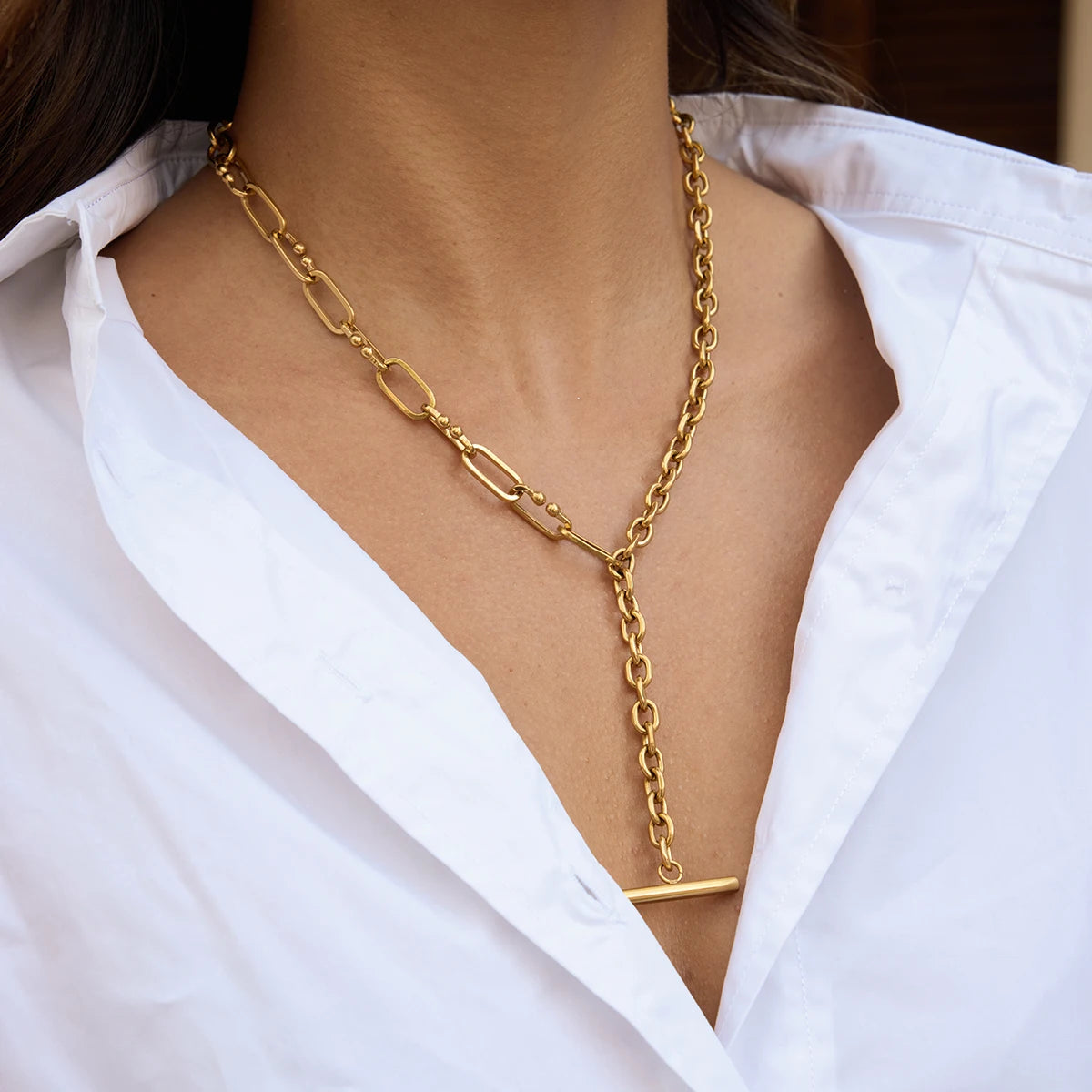 Uworld Minimalist 18K Gold Color Plated Stainless Steel Rod Pendant Thick Chain Asymmetric Y-shaped Chain Tassel Necklace Women