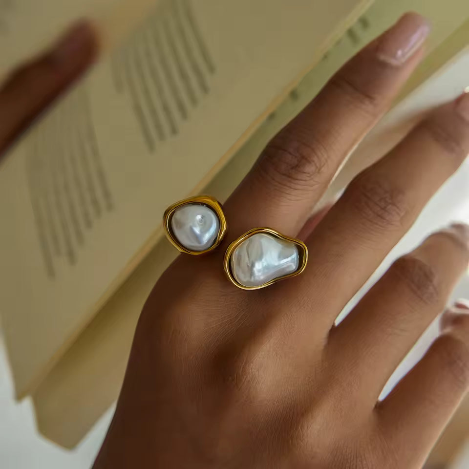 Uworld Simple and Elegant 18K Gold Color Plated Stainless Steel Baroque Shaped Pearl Asymmetric Ring Stackable Pearl Ring Women