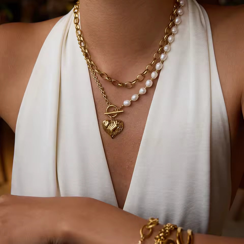 Uworld Fashion Elegant Freshwater Pearl Heart Pendant Necklace 18K Gold Color Plated Stainless Steel Half Pearl Half Chain Neckl