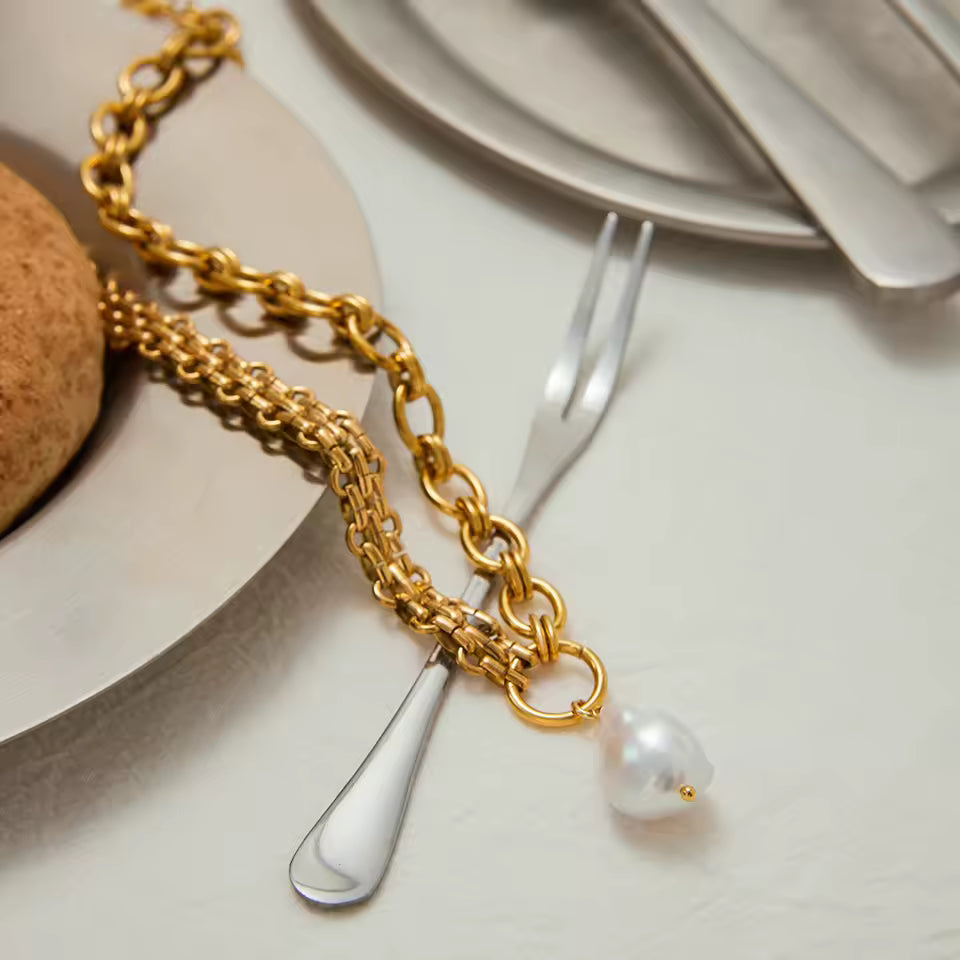 Uworld Fashion Elegant Freshwater Pearl Pendant Necklace Stainless Steel Strap Chain Handmade Chain Necklace Women's Jewelry Gif