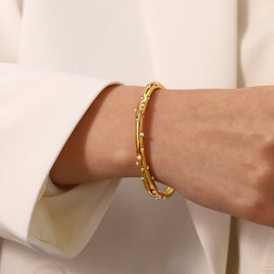 Uworld New Trend 18K Gold Plated Mini Pearl Cuff Bracelets Stainless Steel Pave Zircon Open Cuff Bangle bijoux femme