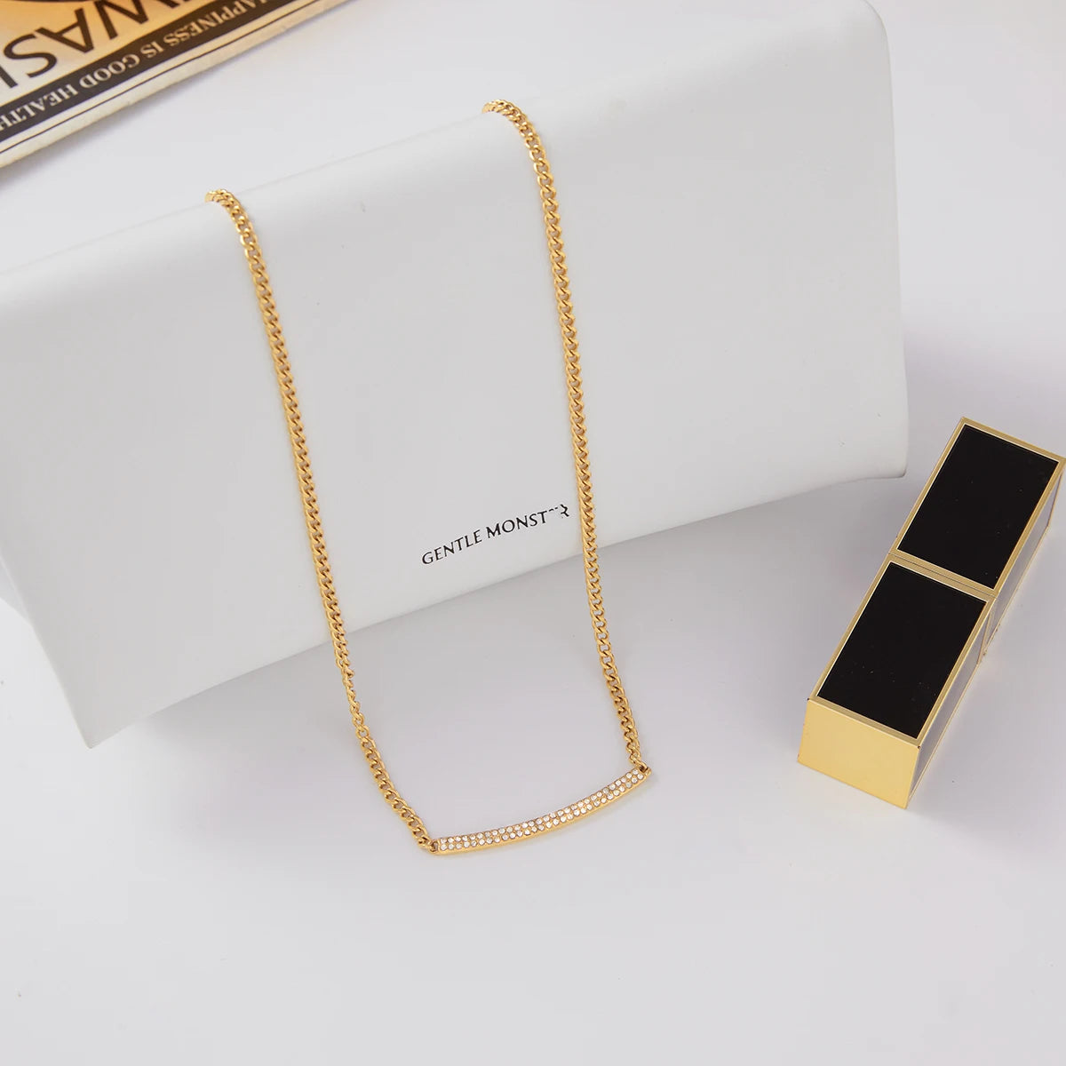 Uworld Simple Classic White Water Rhinestone Smile Necklace 18K Gold Color Plated Stainless Steel Chain Necklace Women's Jewelry