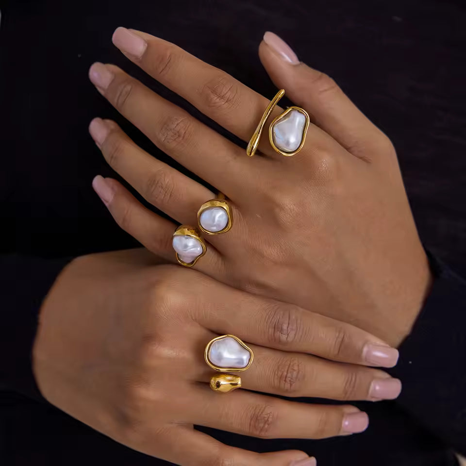 Uworld Simple and Elegant 18K Gold Color Plated Stainless Steel Baroque Shaped Pearl Asymmetric Ring Stackable Pearl Ring Women