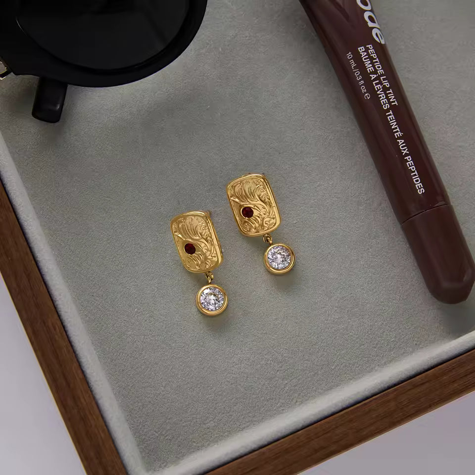 Uworld Unique 18K Gold Color Plated Inlay Red Zircon Square Antique Coin Pendant Earrings Hypoallergenic Stainless Steel Jewelry