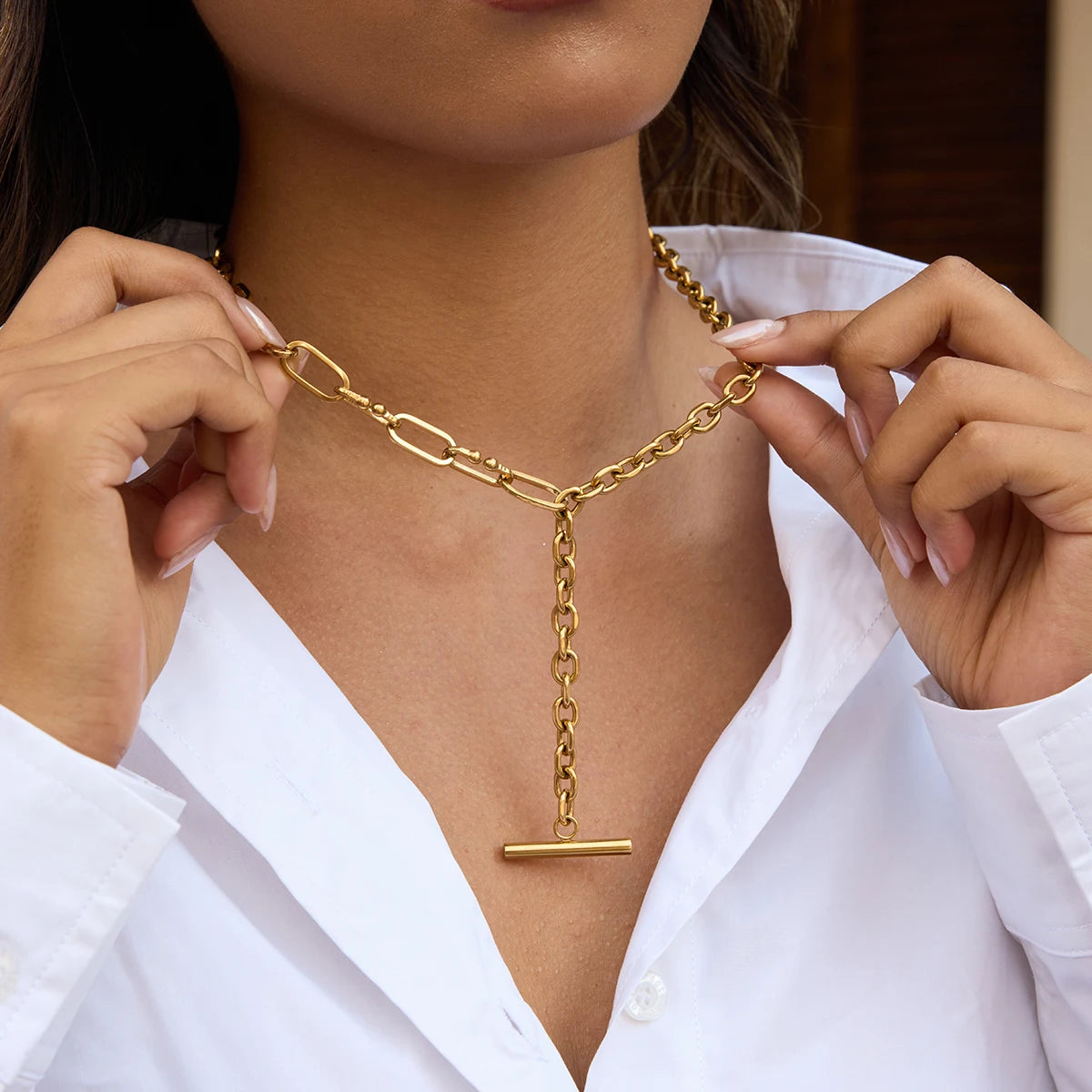Uworld Minimalist 18K Gold Color Plated Stainless Steel Rod Pendant Thick Chain Asymmetric Y-shaped Chain Tassel Necklace Women