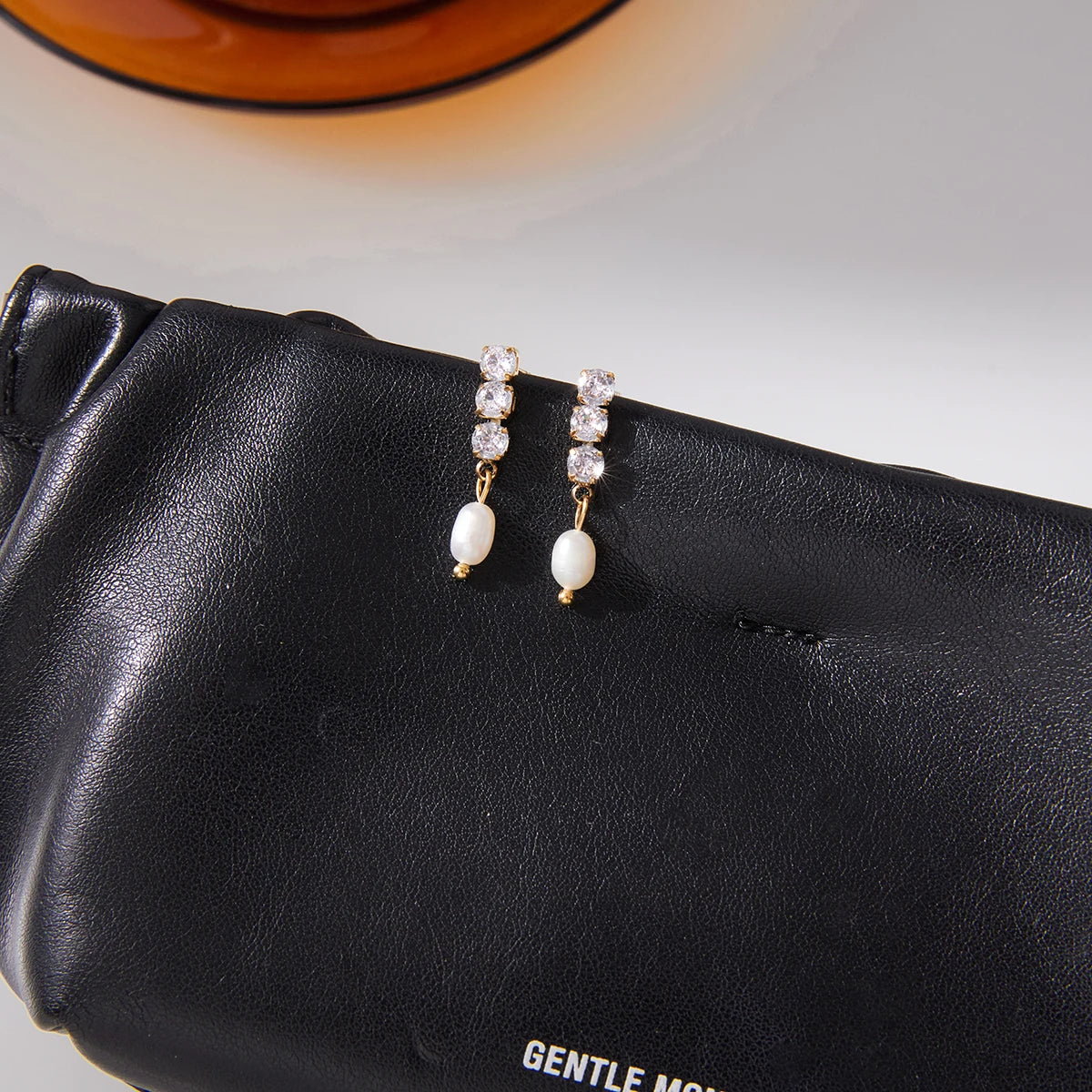 Uworld Fashion Elegant Square White Zircon Freshwater Pearl Pendant Earrings 18K PVD Stainless Steel Women's Jewelry Party Gift