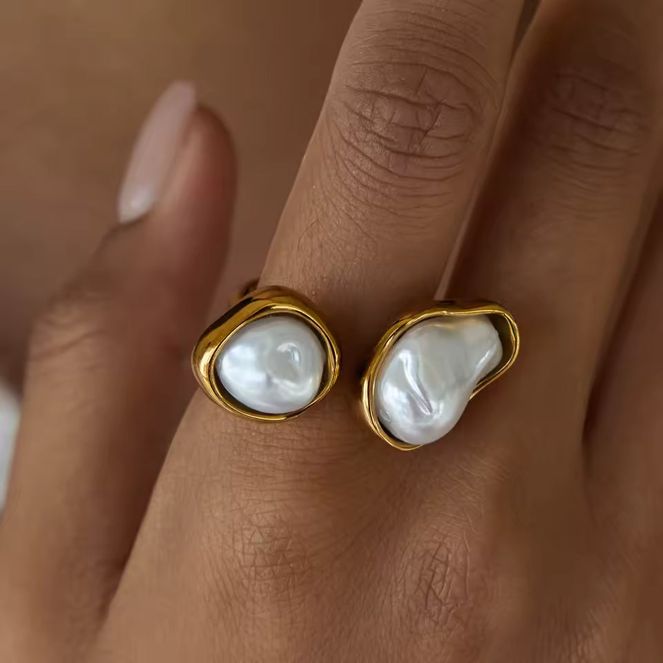 Uworld Simple and Elegant 18K Gold Color Plated Stainless Steel Baroque Shaped Pearl Asymmetric Ring Stackable Pearl Ring Women