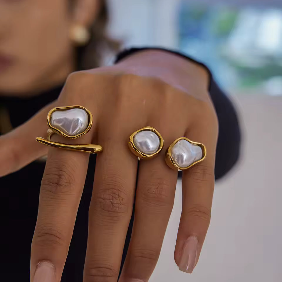 Uworld Simple and Elegant 18K Gold Color Plated Stainless Steel Baroque Shaped Pearl Asymmetric Ring Stackable Pearl Ring Women