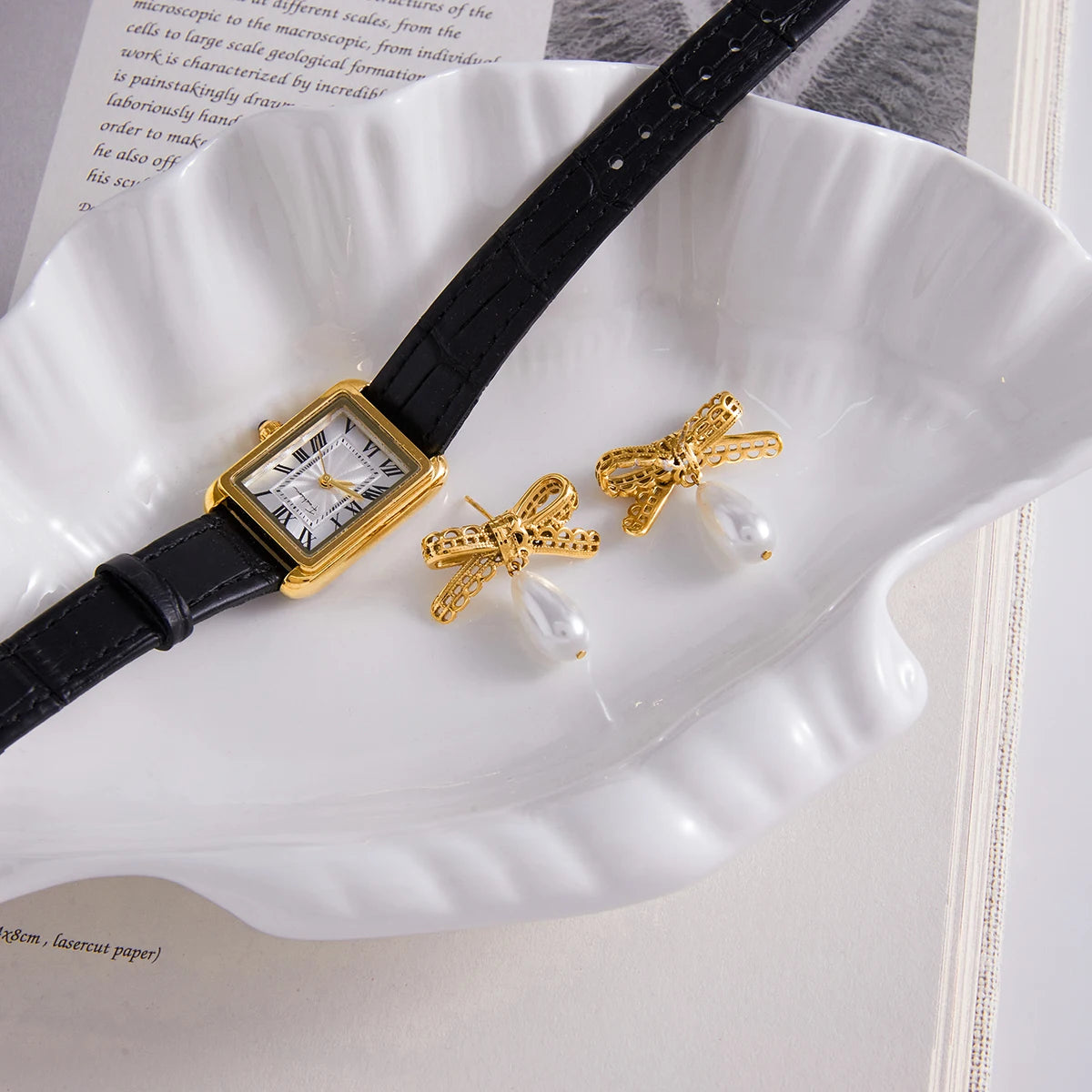 Uworld Elegant Classic 18k Gold Color Plated Lace Bowknot Glass Pearl Pendant Earrings Hypoallergenic Stainless Steel Jewelry