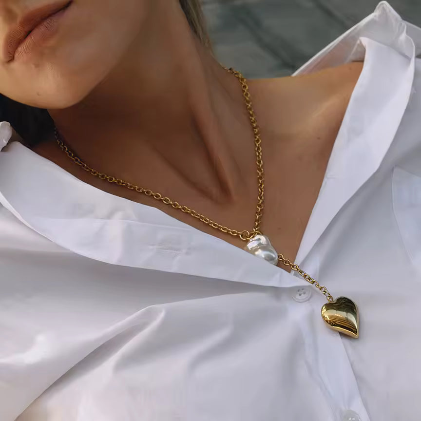 Uworld Classic Trendy 18K Gold Color Plated Irregular Pearl Heart Pendant Tassel Y-Shape Necklace Stainless Steel Jewelry Party