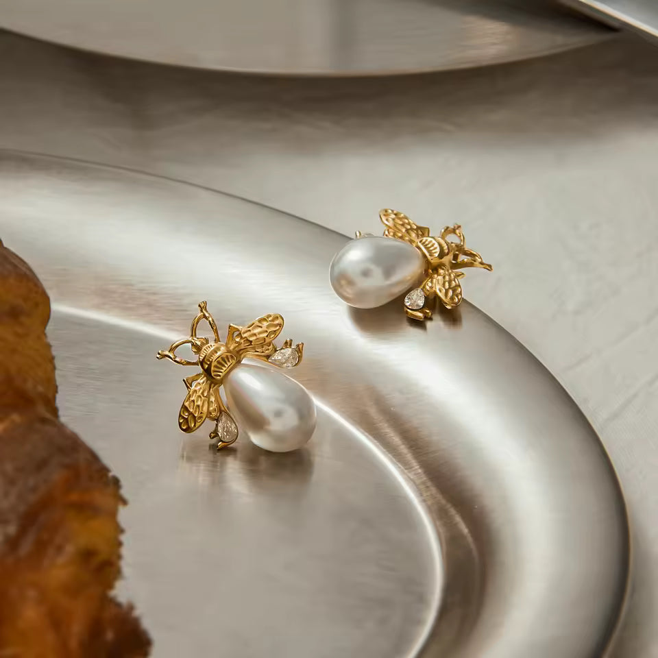 Uworld Fashion Elegant 18K Gold Color Plated Stainless Steel Pearl Bee Earrings Zircon Earrings Women's Accessories Party Gifts