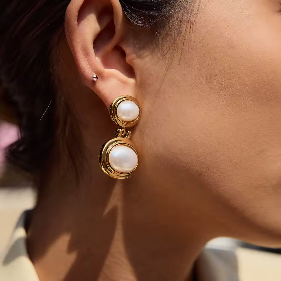Uworld Fashion Elegant Pearl Earrings 18K Gold Color Stainless Steel Double Elliptical Earrings Women's Accessories Party Gift