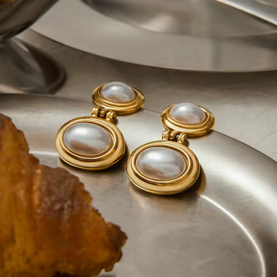 Uworld Fashion Elegant Pearl Earrings 18K Gold Color Stainless Steel Double Elliptical Earrings Women's Accessories Party Gift