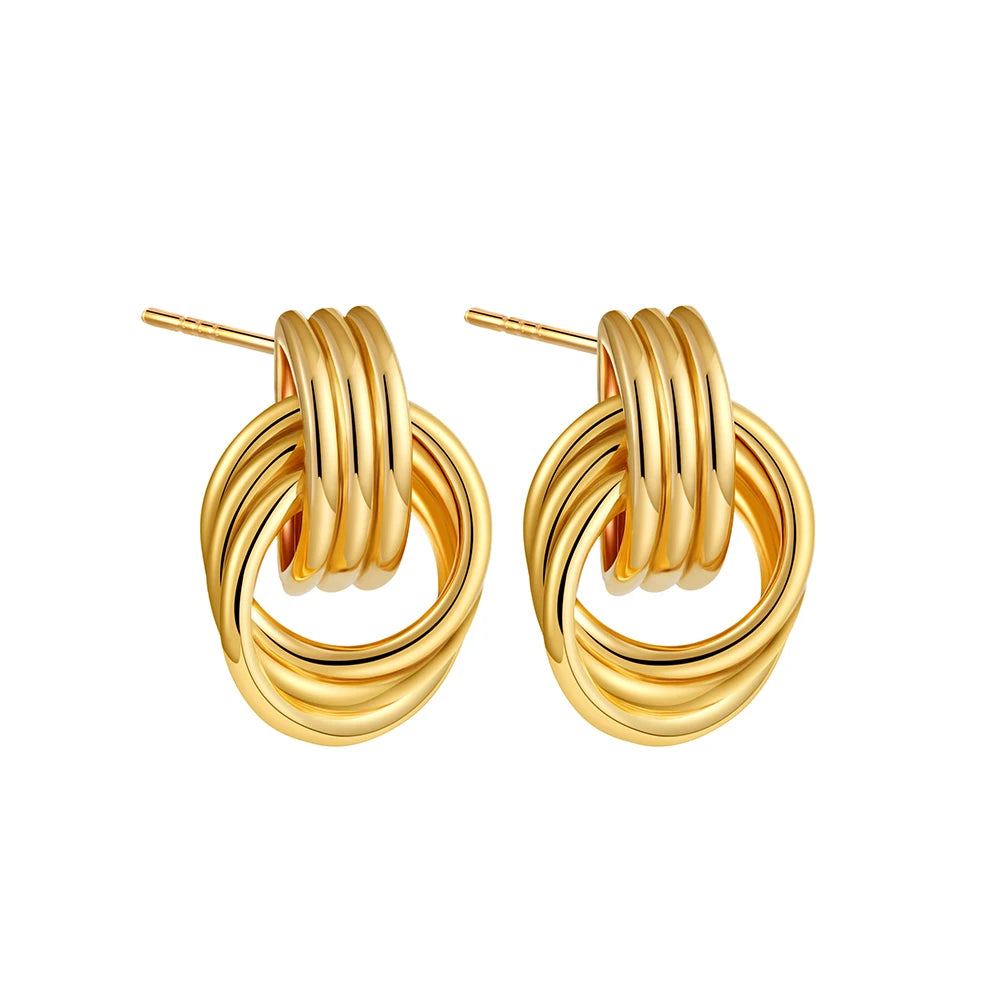 Vintage Three Layers Mini Knot Stud Earrings for Women Gold Plated Twisted Small Circle Stainless Steel Earring Punk Jewelry
