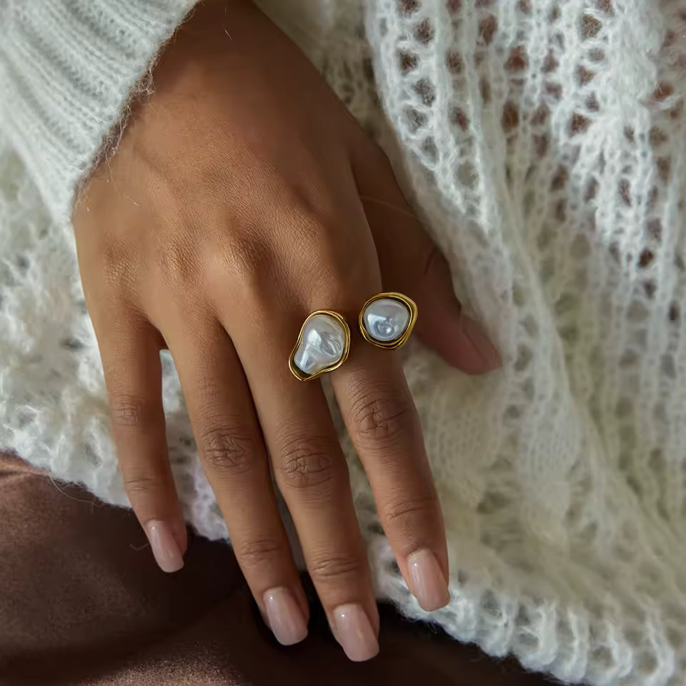 Uworld Simple and Elegant 18K Gold Color Plated Stainless Steel Baroque Shaped Pearl Asymmetric Ring Stackable Pearl Ring Women
