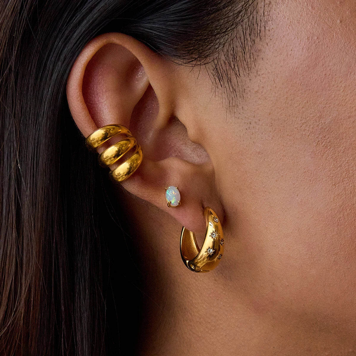 Uworld Minimalist Classic Style 18K Gold Color Plated Stainless Steel Rhinestone Chubby Ear Buckle Earrings Octagonal Star Earri