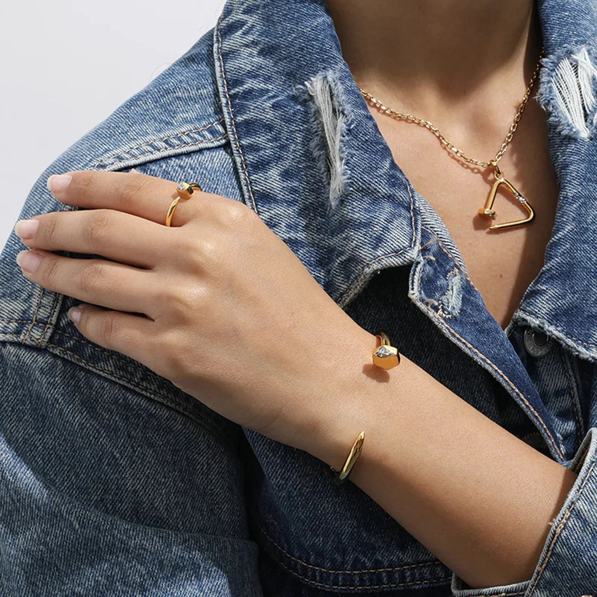 Uworld Stainless Steel 2pcs Exquisite Bracelet Ring Set Nail Bracelet Stackable Ring Zircon Nail Set Women's Jewelry Party Gift