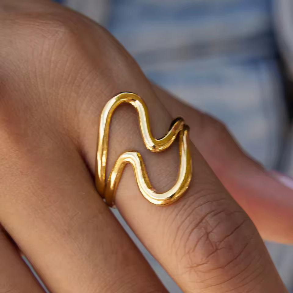Uworld Minimalist 18K Gold Color Plated Stainless Steel Double Layer Line Wave Ring Stackable Irregular Ring Women's Jewelry