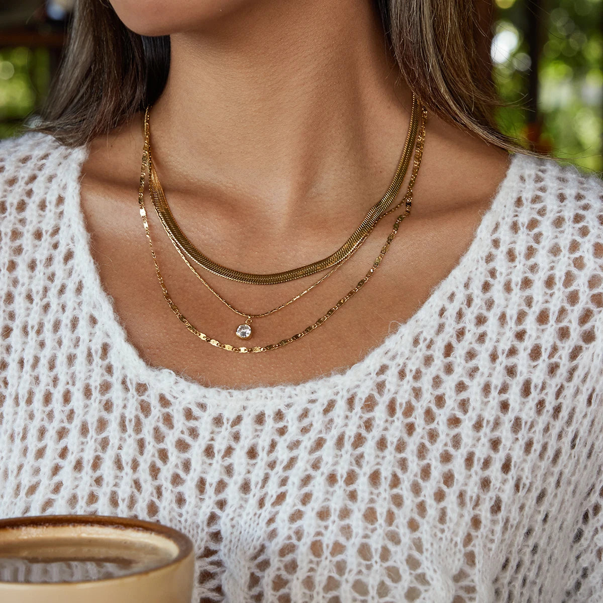 Uworld Minimalist Classic 18K Gold Color Plated Round White Zircon Pendant Three Layers Necklace Stainless Steel Women's Jewelry