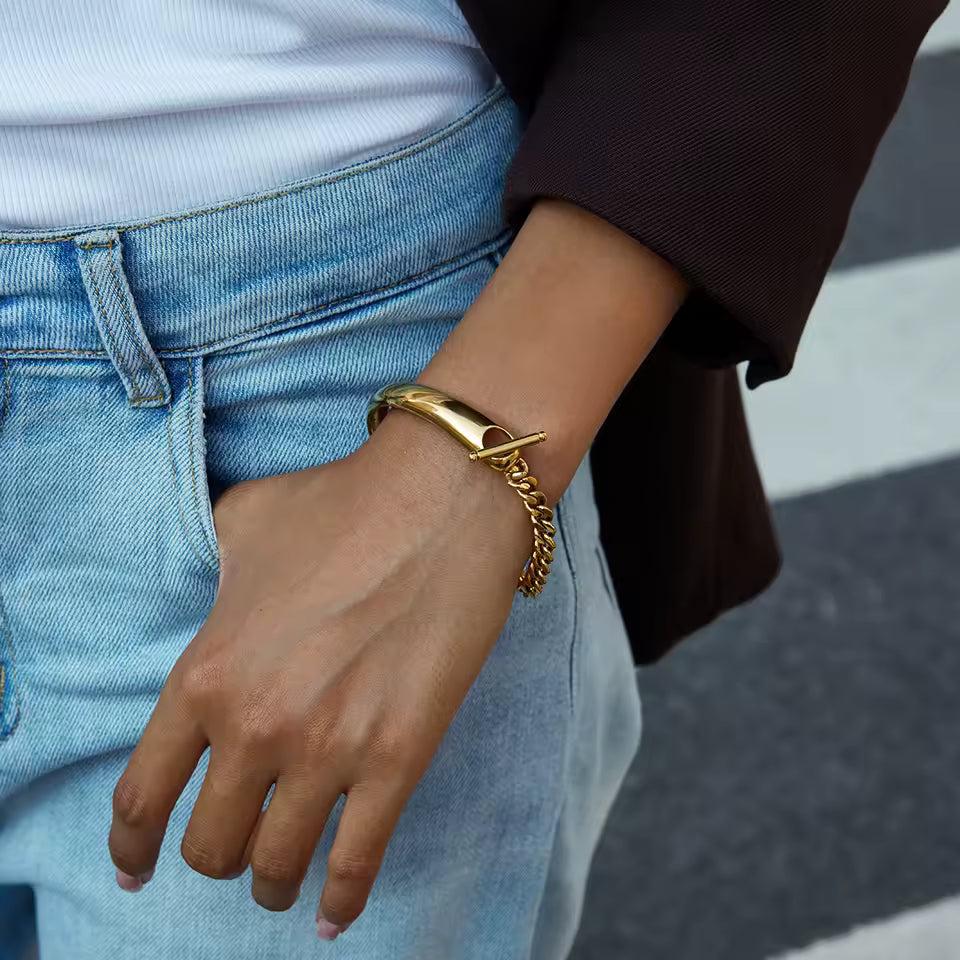 Uworld Classic 18K Gold Color Plated Stainless Steel Asymmetric Half Chain OT Buckle Smooth Surface Bracelet Women's Jewelry Par